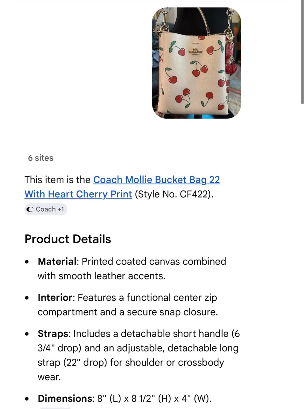 COACH #309 Mollie Bucket Bag 22 Cream Cherry-Print Shoulder Bag/ Wallet - Picture 13 of 16
